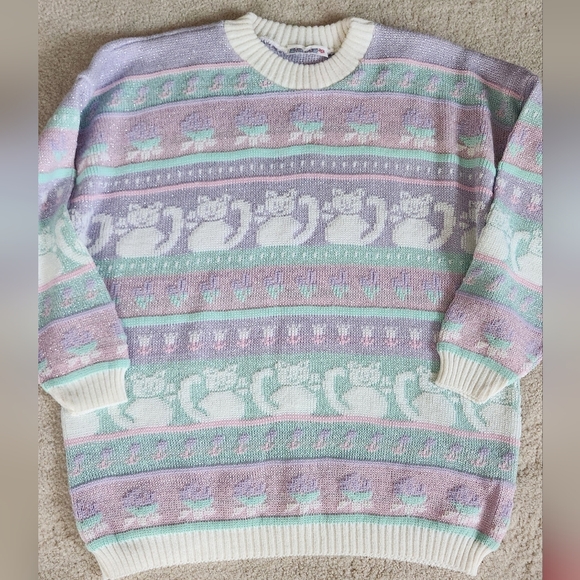 Vintage 1980s Rose Cats Fairy Kei Kawaii Pastel Sweater Sparkle Thread large - Picture 6 of 10